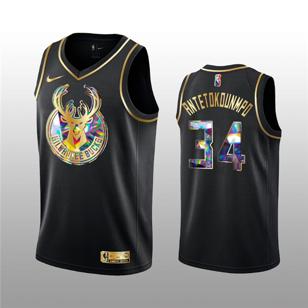 Men's Milwaukee Bucks #34 Giannis Antetokounmpo 2021/22 Black Golden Edition 75th Anniversary Diamond Logo Stitched Basketball Jersey Men's Milwaukee Bucks #34 Giannis Antetokounmpo 2021/22 Black Golden Edition 75th Anniversary Diamond Logo Stitched Basketball Jersey